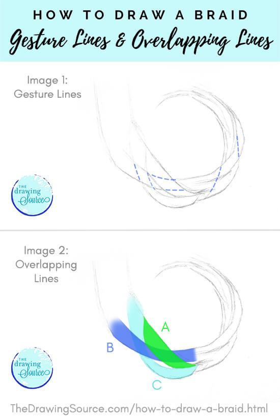 Drawing a braid using gesture lines and overlapping lines to create depth and dimension