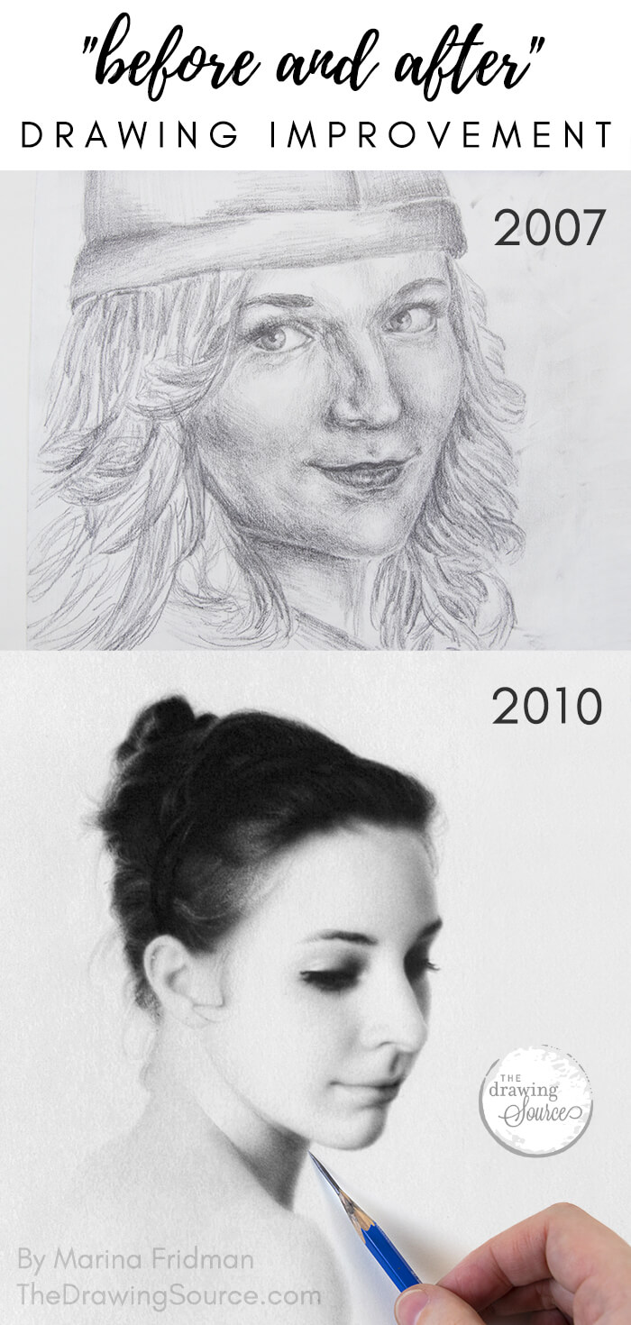 Two realistic portrait drawings by Marina Fridman from two different years showing before and after drawing improvement. Text reads: 