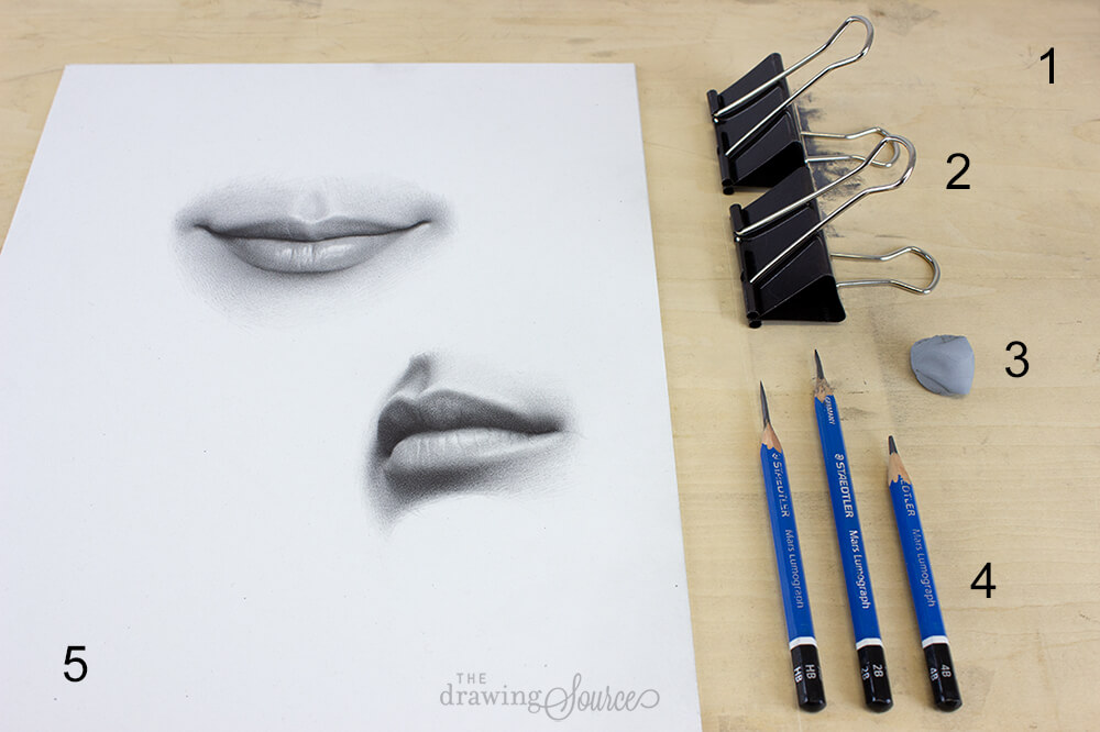 List of drawing materials used in this lip drawing tutorial